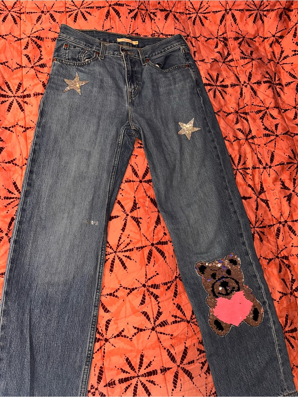 Levi's Blue Straight Leg Jeans with Sequin Stars & Bear